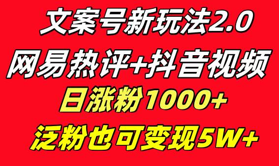 文案号新玩法 网易热评+抖音文案 一天涨粉1000+ 多种变现模式 泛粉也可变现-学知网